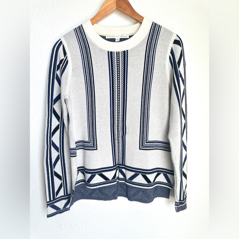 Veronica Beard Geometric‎ Knit Crewneck Sweater Ivory Navy Size Medium - Picture 3 of 12